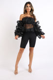 Sexy Organza Sleeve Detailed Top & Matching Shorts 2 Piece Set Black - My Store