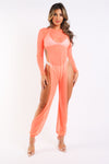 Sexy Mesh Cover Up Jumpsuit Summer Bodycon Beachwear NEON CORAL - My Store