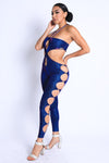 Glittery Cutout Halter Neck Keyhole Sexy Party Jumpsuit BLUE/FUCHSIA - My Store