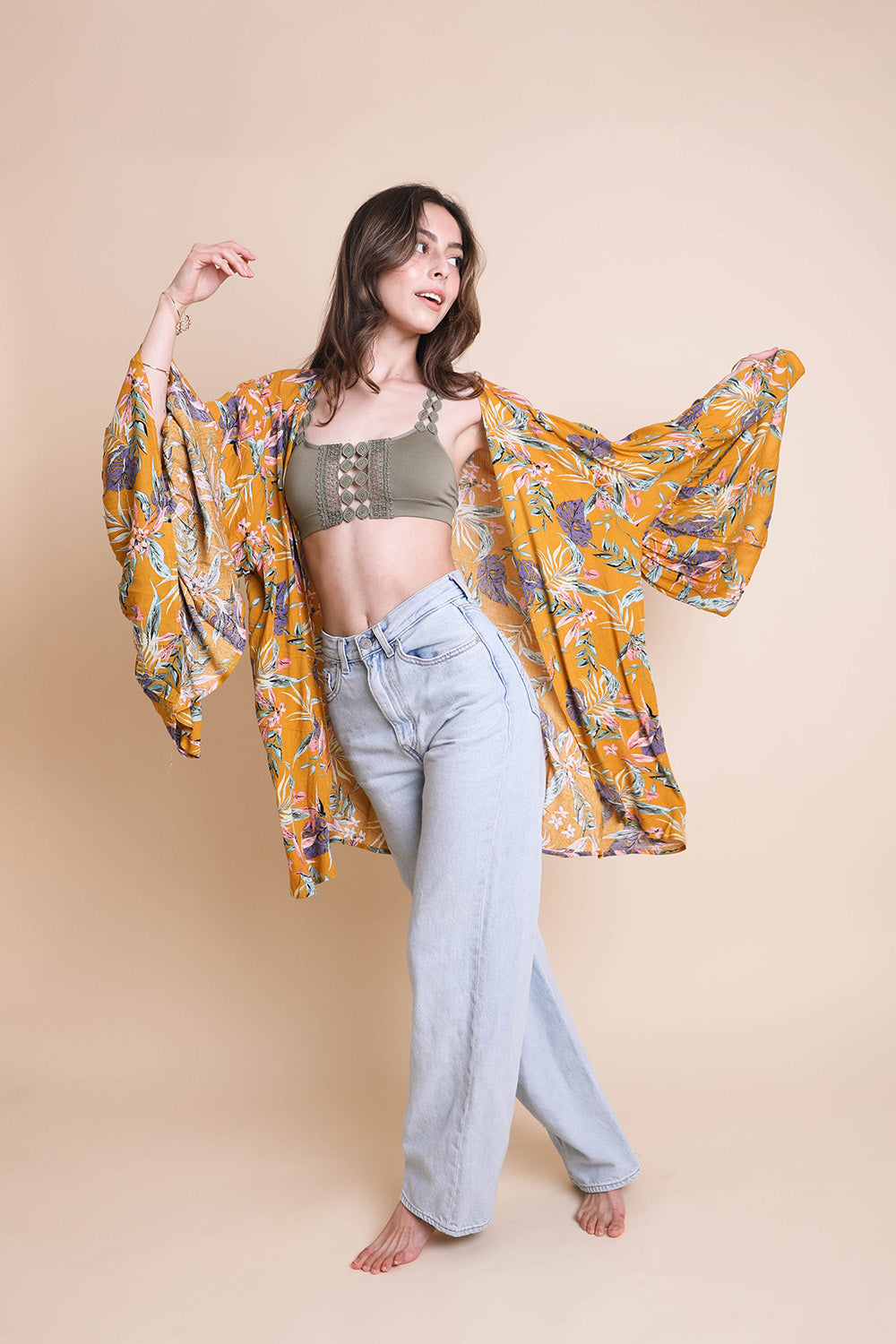 Tropical Leaves Draped Sleeve Kimono - My Store