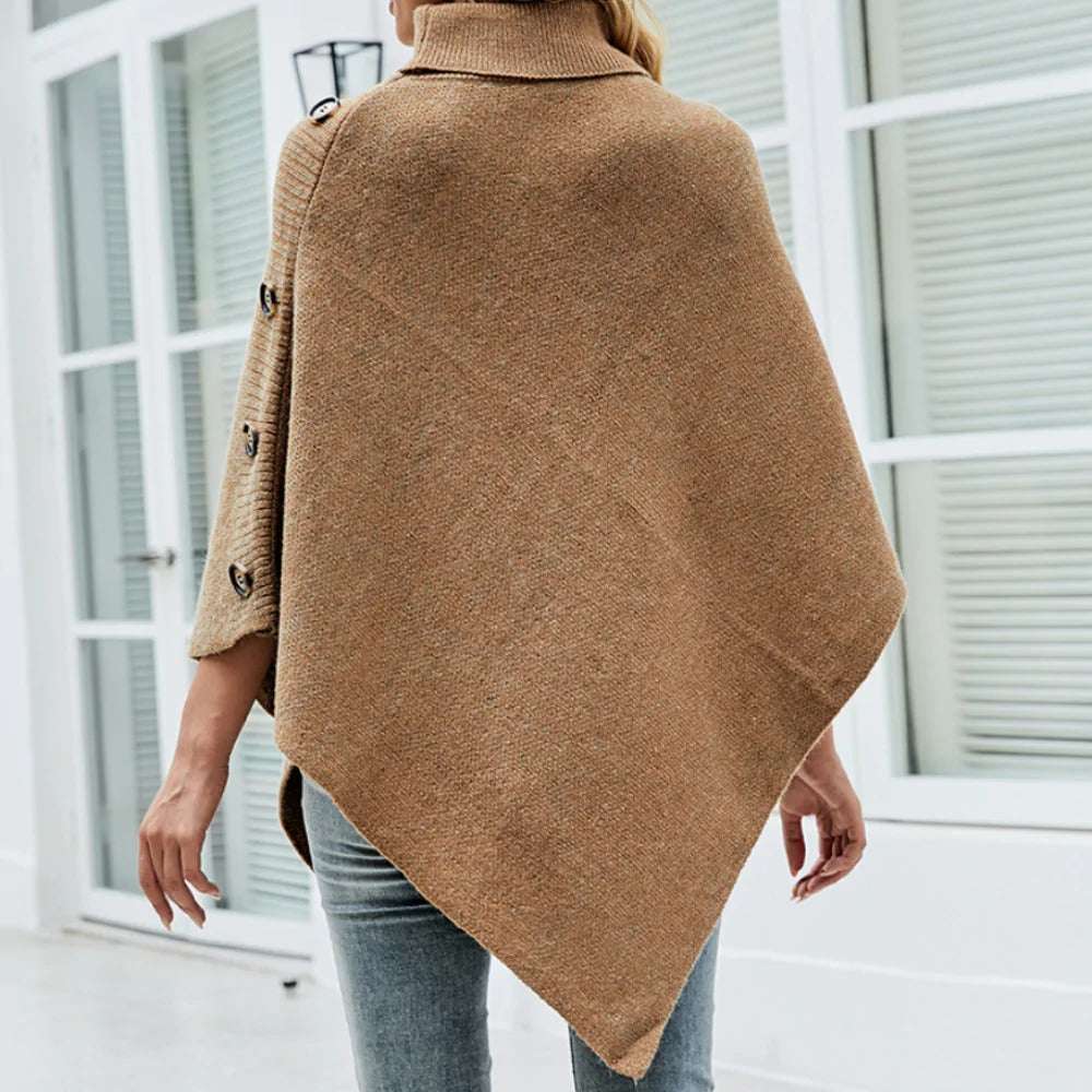 Womens Turtleneck Poncho With Side Buttons Details - My Store