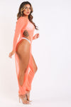 Sexy Mesh Cover Up Jumpsuit Summer Bodycon Beachwear NEON CORAL - My Store