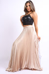 Elastic High Waist A-Line Pleated Satin Maxi Skirt TAUPE - My Store