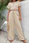 Beige Crinkled Elastic Hem Crop Tee and Wide Leg Pants Set - My Store