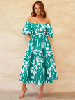 Printed Off-Shoulder Balloon Sleeve Dress - My Store