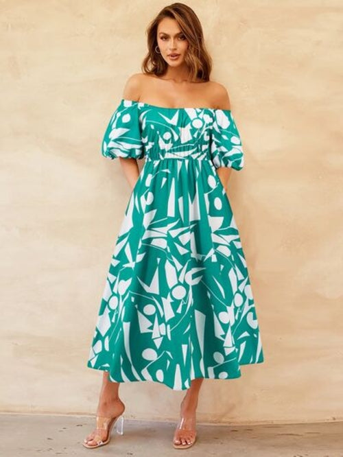 Printed Off-Shoulder Balloon Sleeve Dress - My Store