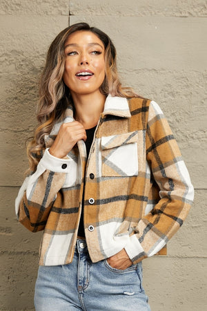 Double Take Plaid Collared Neck Jacket with Breast Pockets - My Store