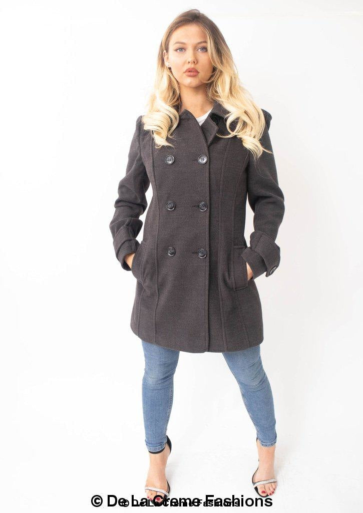 Womens Wool Feel Double Breasted Hooded Coat - My Store