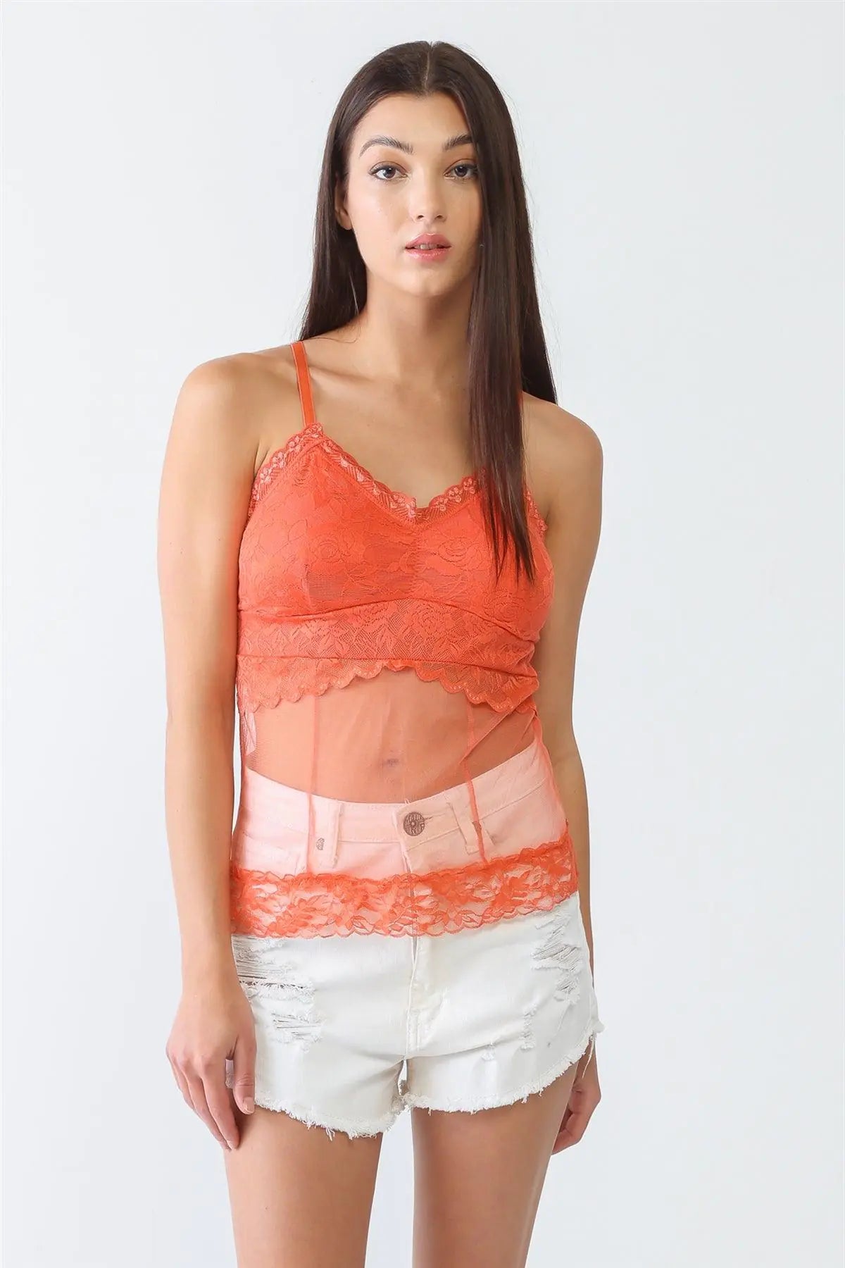 Coral Sheer Mesh Lace Sleeveless Push-Up Bustier Top