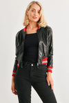 Black & Red Ribbed Vegan Leather Bomber Jacket