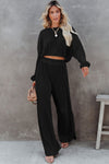 Black Corded Cropped Pullover and Wide Leg Pants Set - My Store