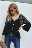 Button Long Sleeve Black Crochet Lace Blouse Top - My Store