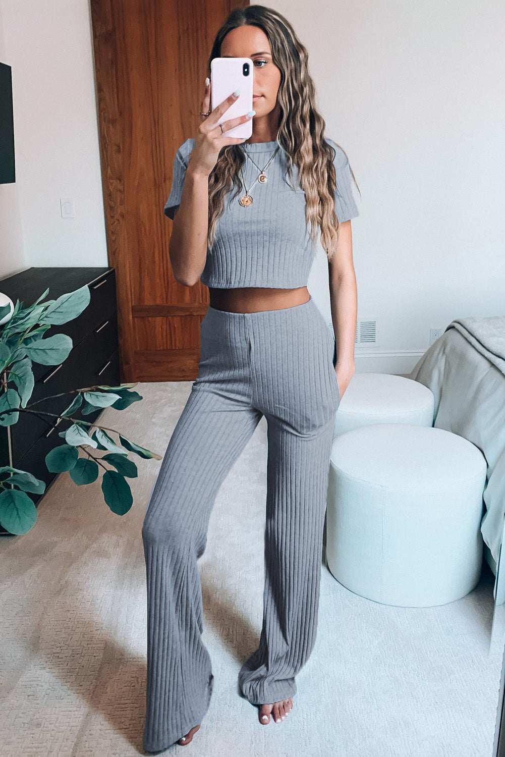 Cropped Tee and Wide Legs Pants Ribbed Knit Lounge Set - My Store