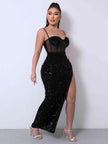 Sequin Spliced Mesh Adjustable Strap Dress - My Store