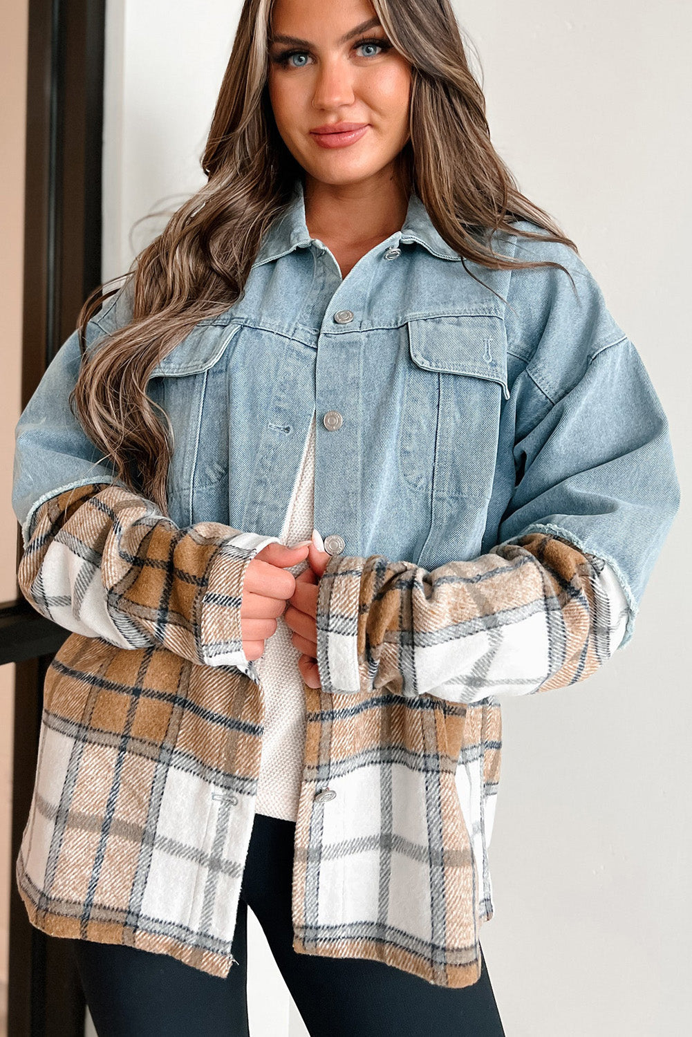 Khaki Plaid Patchwork Buttoned Oversized Denim Jacket - My Store