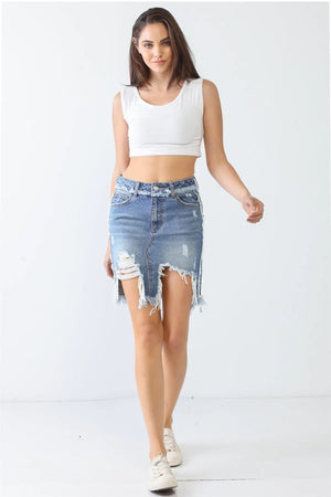 Denim Cotton Trim Torn Hem High Waist Mini Skirt - My Store