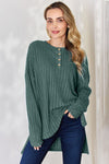 Basic Bae Full Size Ribbed Half Button Long Sleeve High-Low T-Shirt - My Store