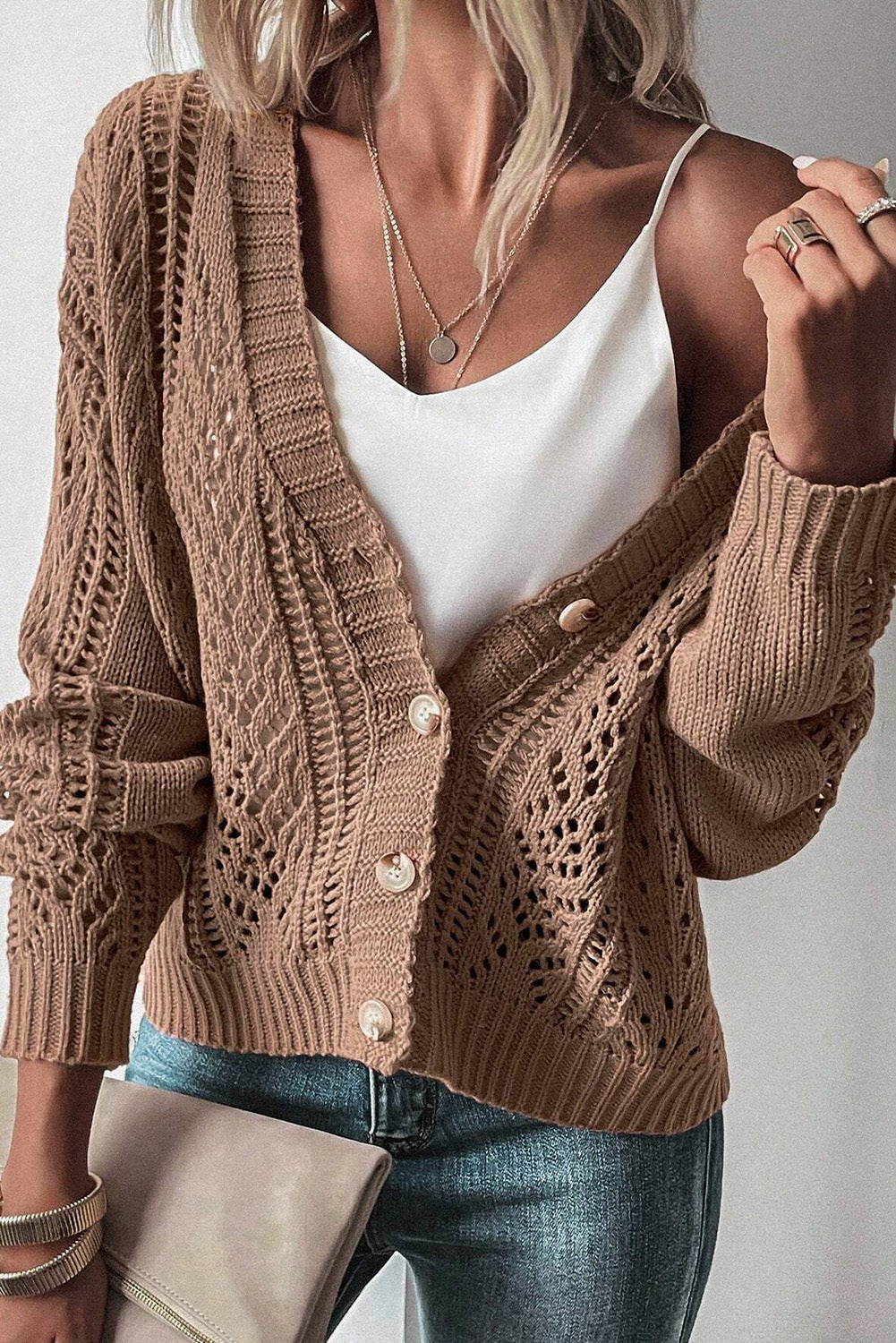 Dark Khaki Open Knit Drop Shoulder Sweater Cardigan - My Store