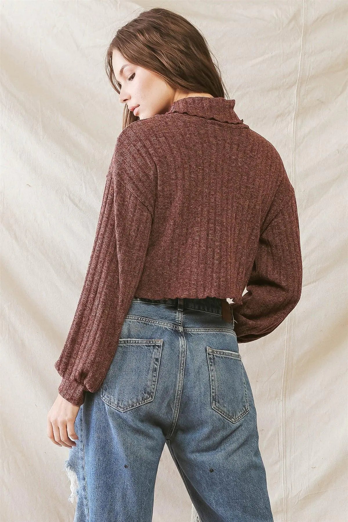 Red Brown Knit Ribbed Stitch Detail Turtle Neck Top /1-2-2-1 - My Store