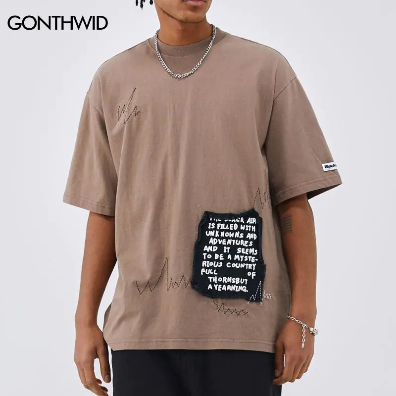 Vintage Punk T-shirt Streetwear Y2K Hip Hop Embroidery Patch Oversize Washed T-Shirt - My Store