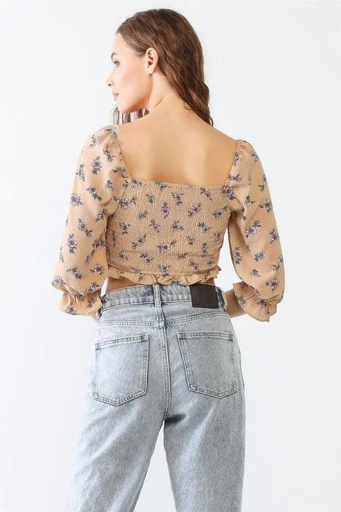 Floral Ruffle Smocked Back Ruched Crop Top - My Store