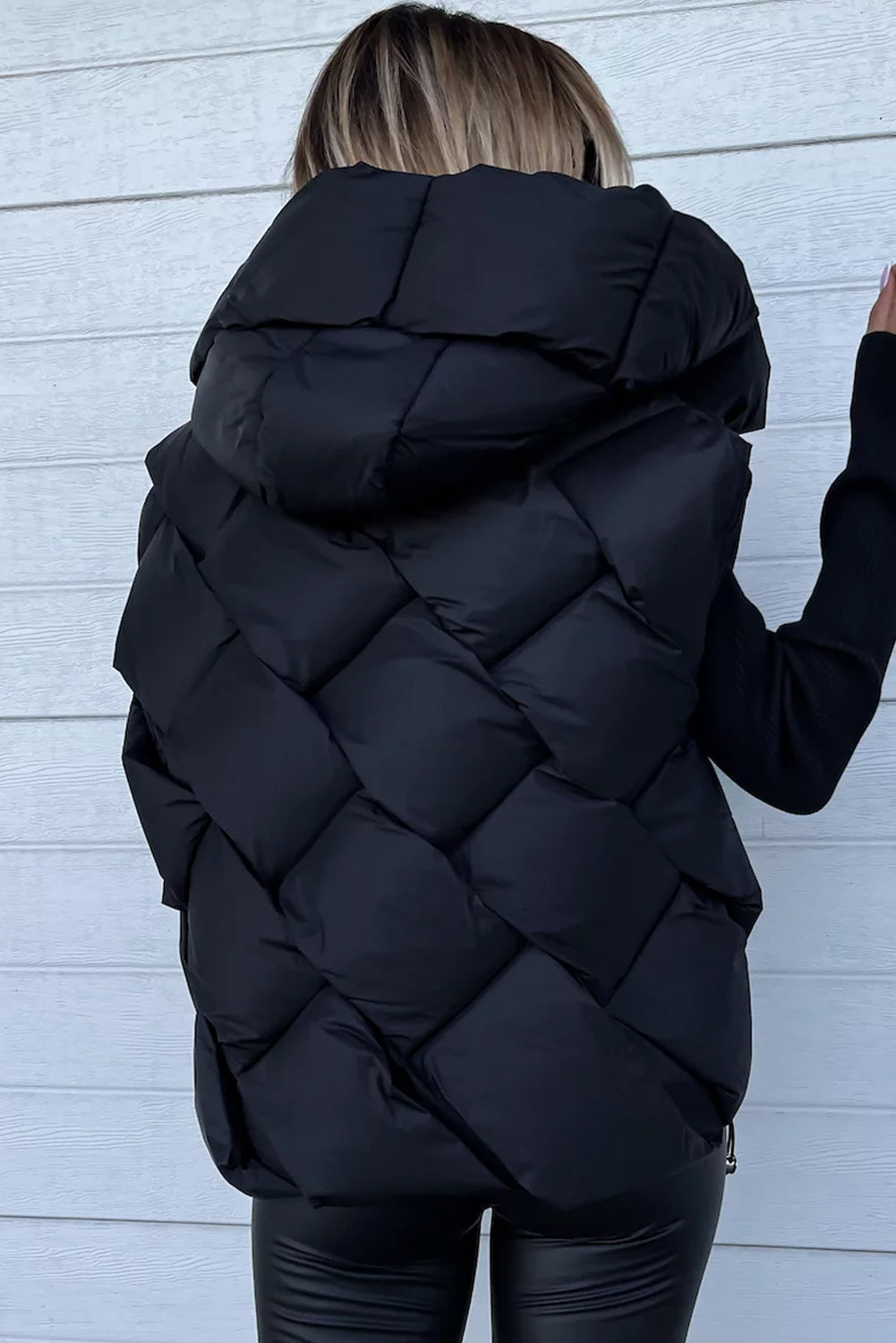 Black Quilted Zipper Front Hooded Vest Coat - My Store