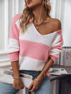 Color Block V-Neck Long Sleeve Sweater - My Store