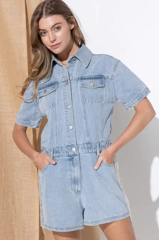 Washed Denim Overall Romper - My Store