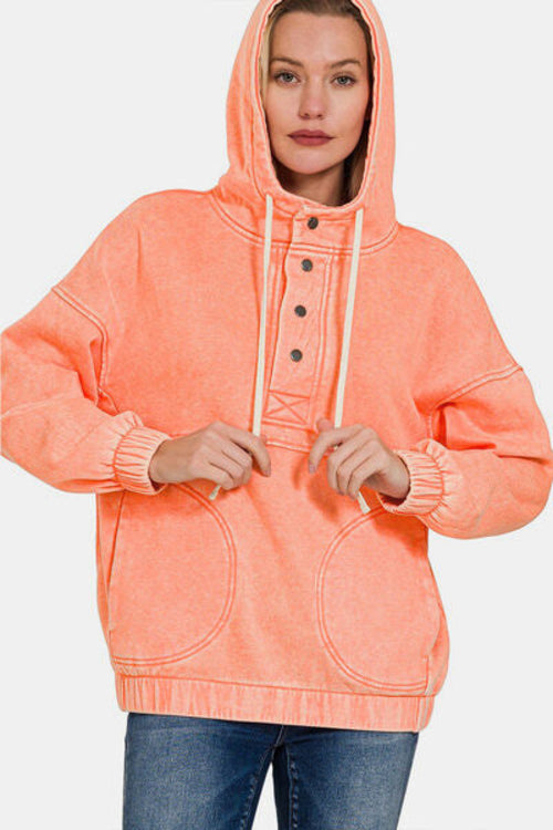 Zenana Drawstring Half Snap Dropped Shoulder Hoodie - My Store