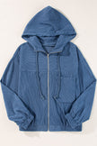 Real Teal Corduroy Drawstring Hooded Pocket Zip Up Jacket - My Store