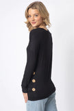 Black Side Bottom Button Detail Long Sleeve Top - My Store