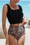 Black Square Neck Sleeveless Fashion Print Tankini Set - My Store