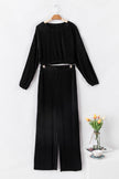 Black Corded Cropped Pullover and Wide Leg Pants Set - My Store