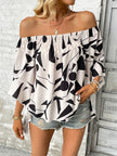 Printed Off-Shoulder Bell Sleeve Blouse - My Store