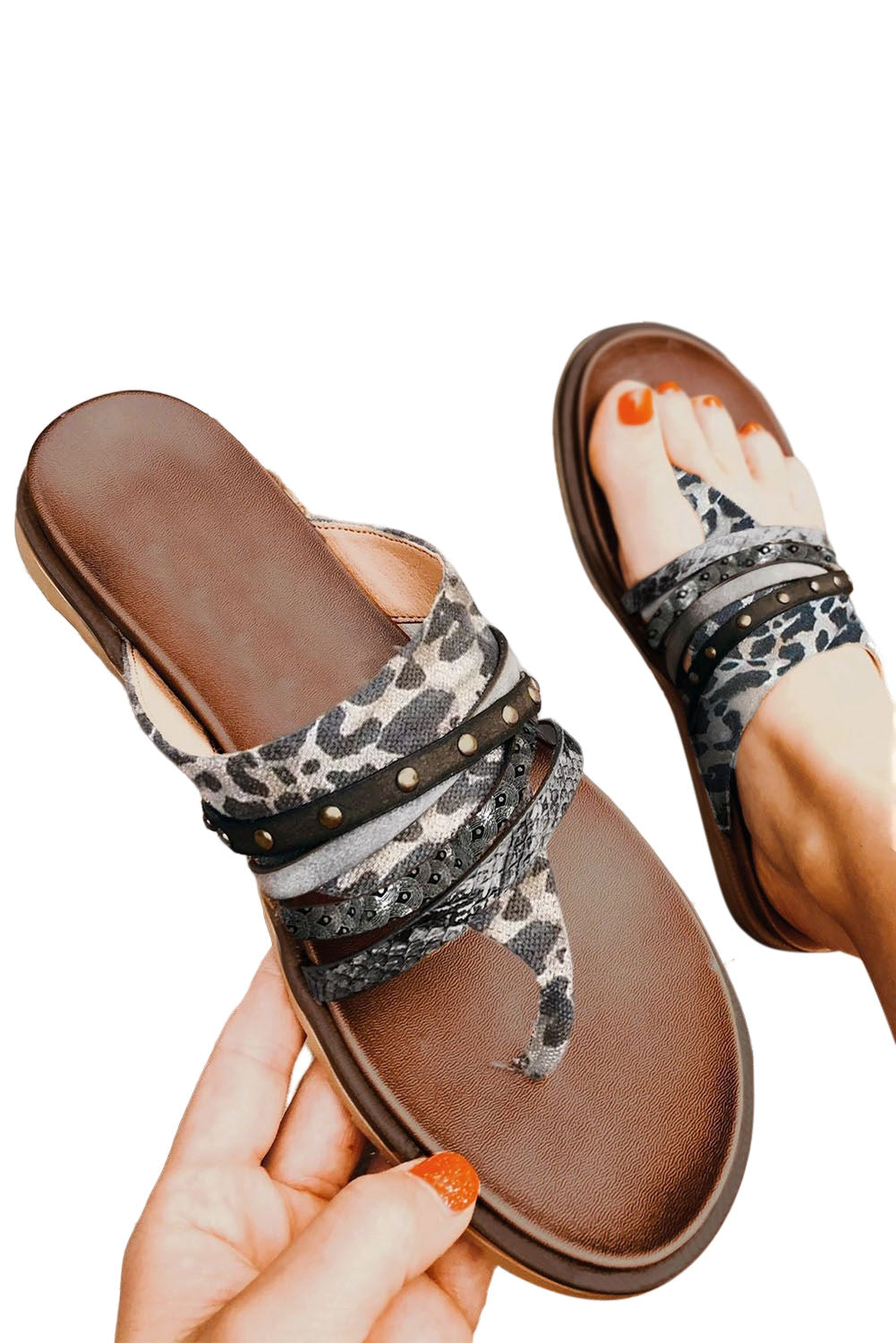 Leopard Studded Animal Print Flip Flop Sandals - My Store