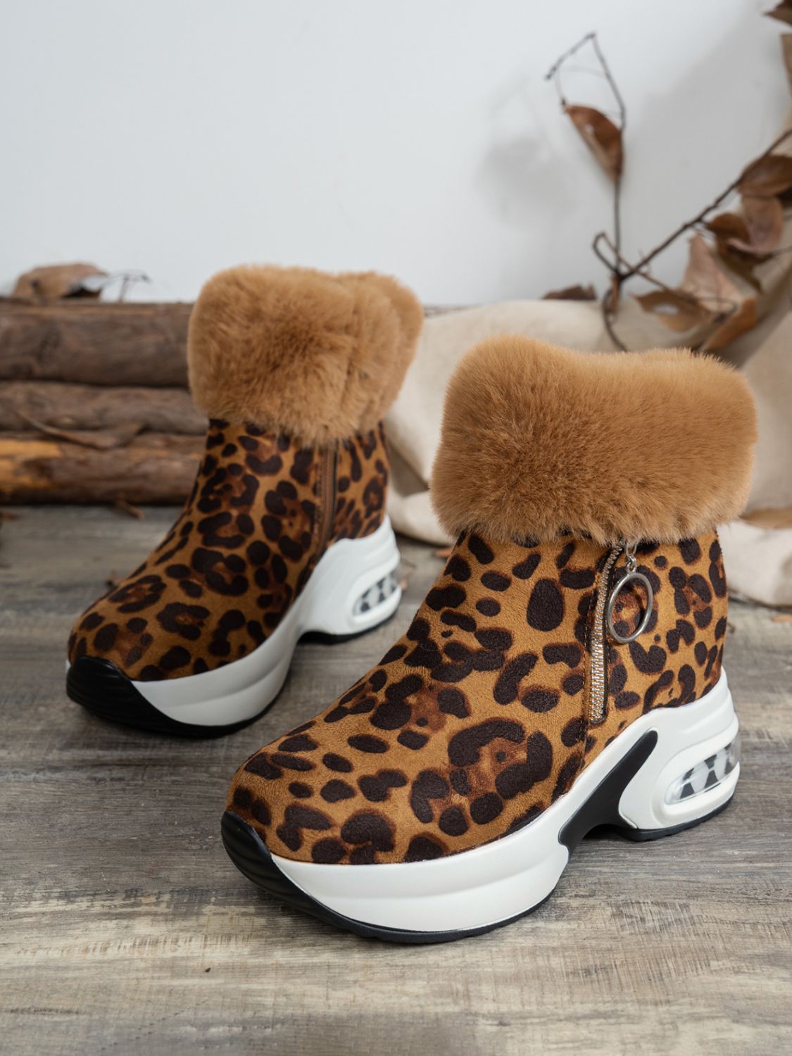 Side Zipper Leopard Platform Boots - My Store