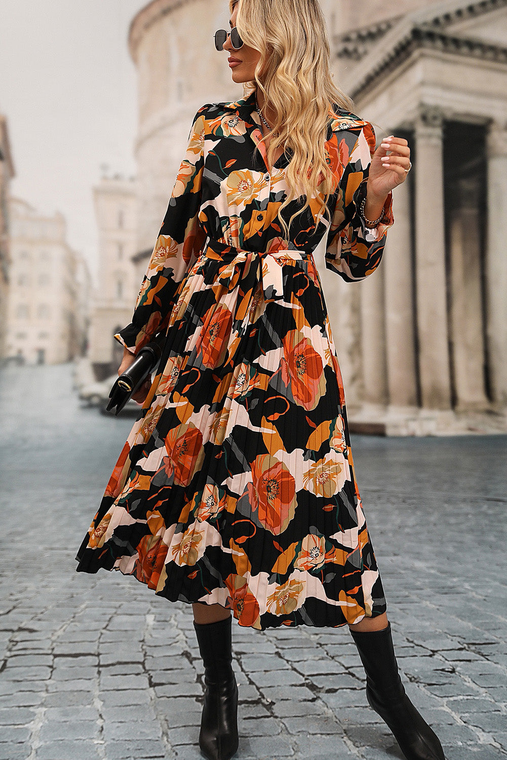 Multicolor Floral Print Waist Tie Pleated Midi Shirt Dress - My Store