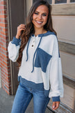 White Corded Colorblock Patch Pocket Drawstring Hooded Top - My Store