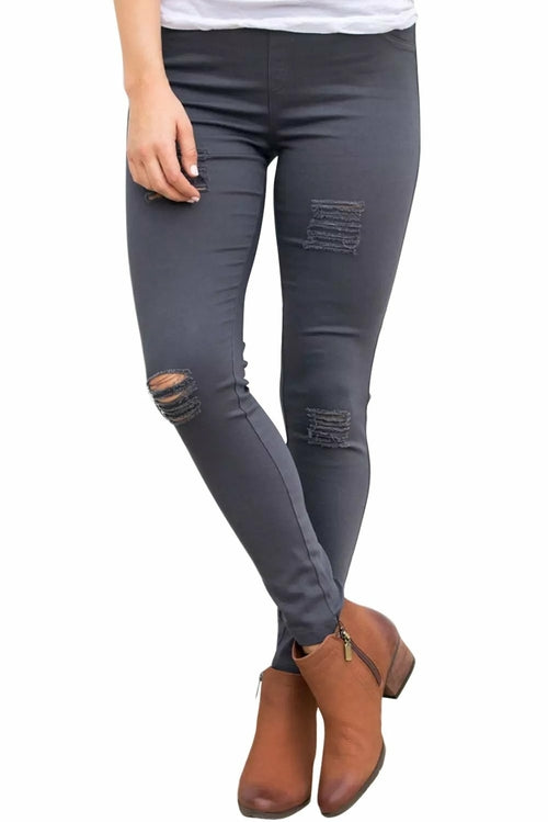 Gray Distressed Front Hole Stretch Denim Pants - My Store