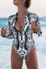 Gray Snake Print Zipper Cut-out Rash Guard Swimsuit - My Store