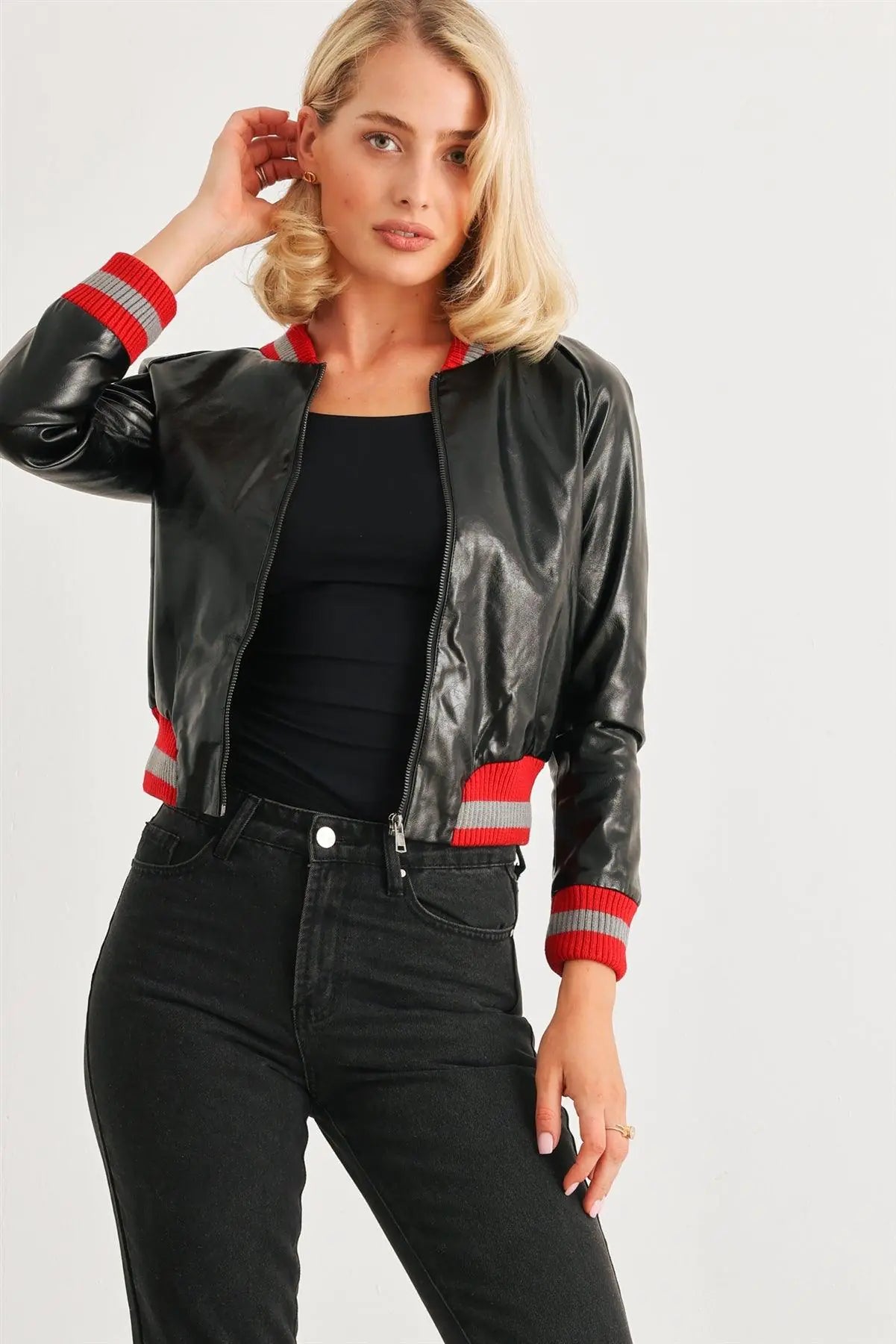 Black & Red Ribbed Vegan Leather Bomber Jacket - My Store