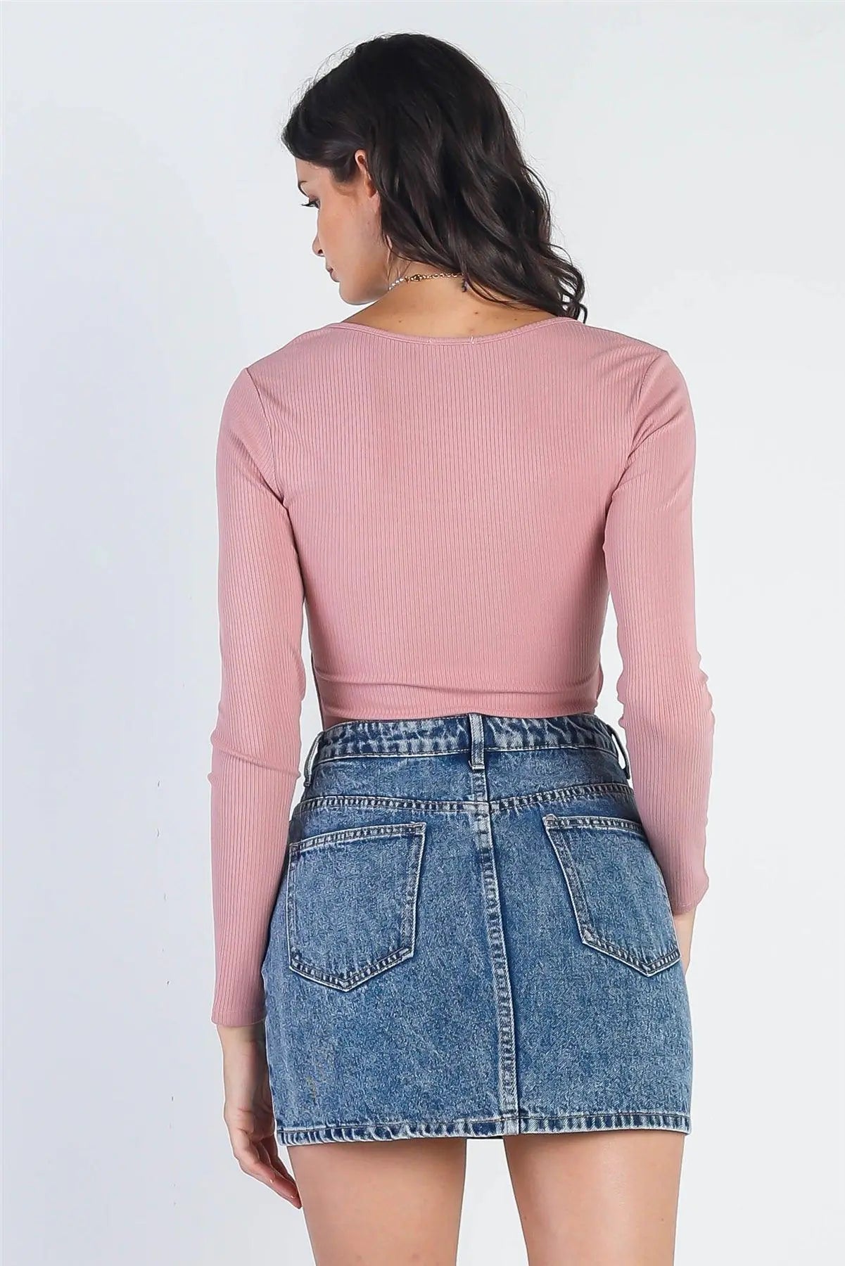 Pink Ribbed Cut-Out Square Neck Long Sleeve Bodysuit - My Store