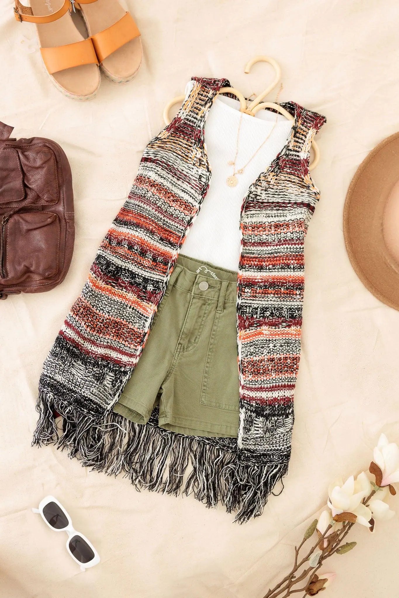 Girls Boho Striped Crochet Fringe Long Sweater Vest - My Store