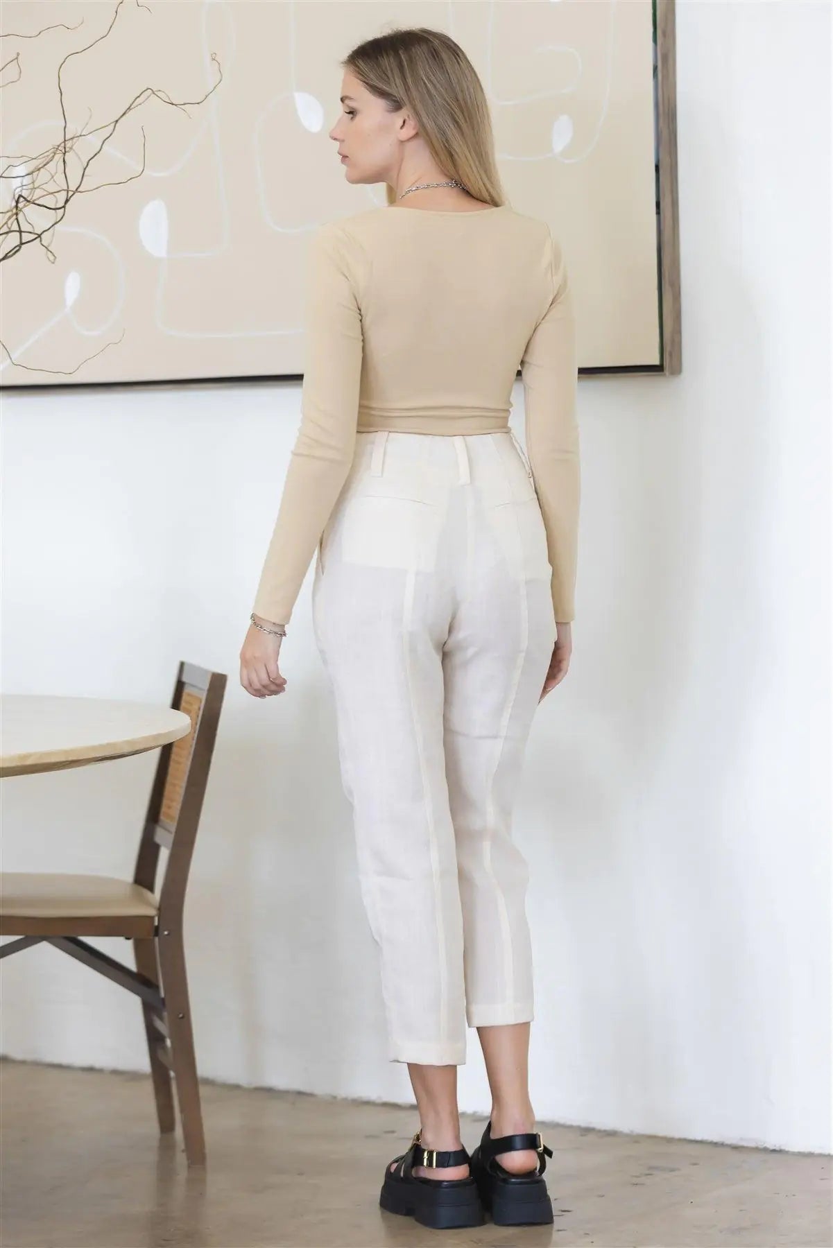 Beige Tie Scoop-Neck Long Sleeve Bodysuit - My Store