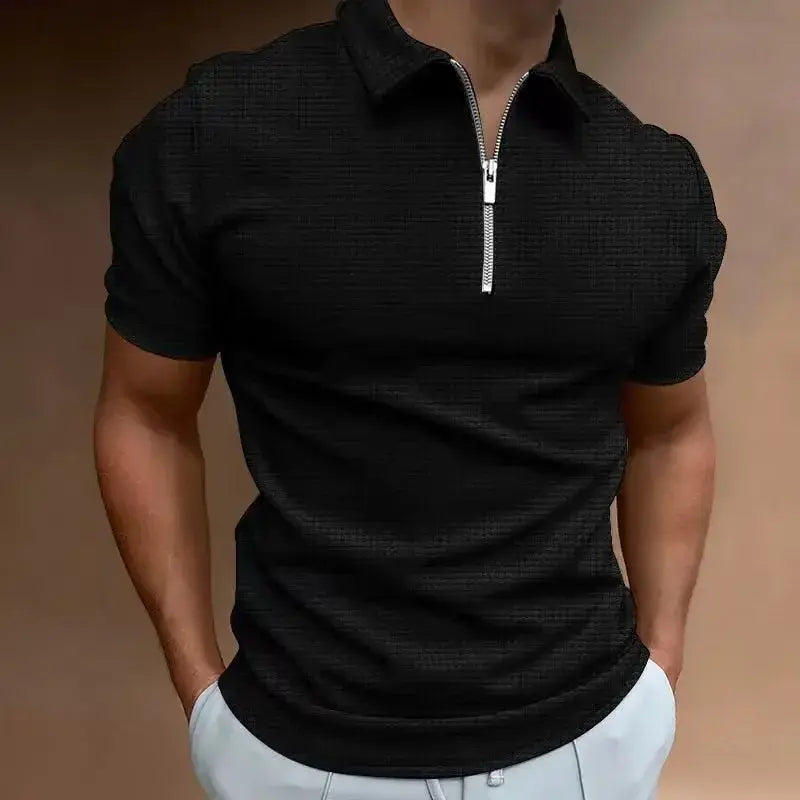 Summer New Men's Zipper Waffle Polo Shirt Short Sleeve Waffle - My Store