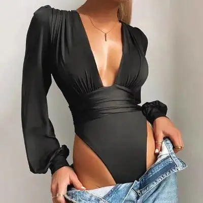 Chic Solid Plunging Neck Lantern Sleeve Bodysuit - My Store