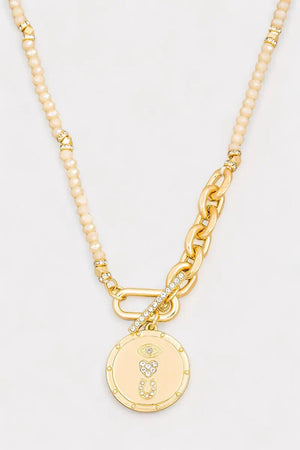 Beaded Chain Rhinestone Eye Love U Coin Necklace - My Store