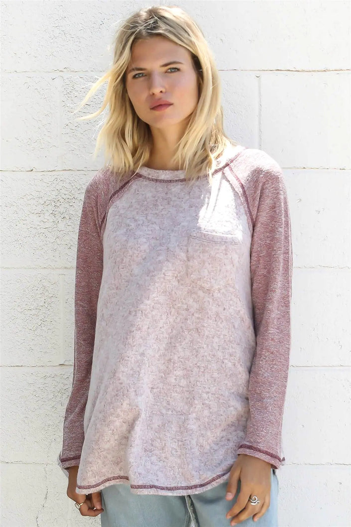 Burgundy Textured Raglan Long Sleeve Top