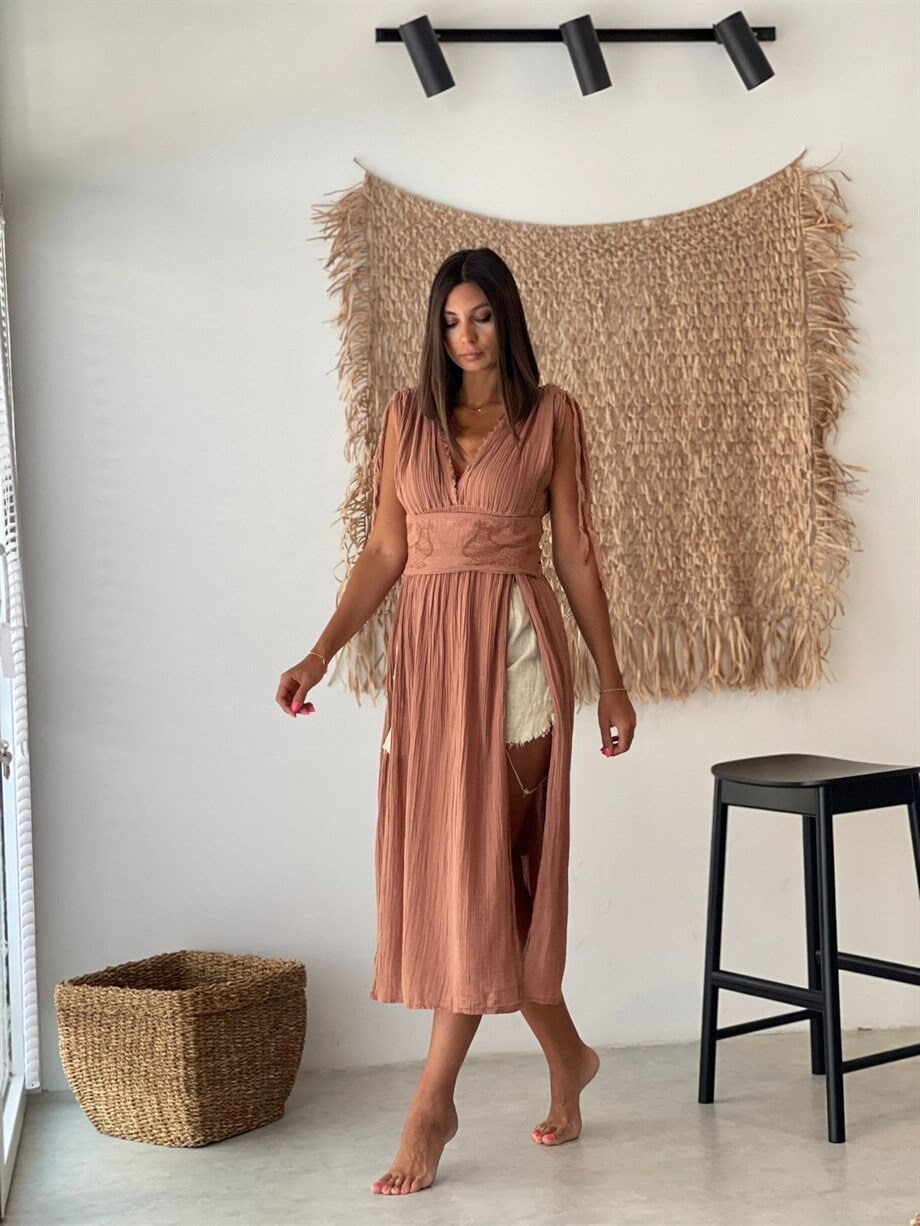 Boho Helen Dress, Long Organic Cotton Slit Summer Dress - My Store