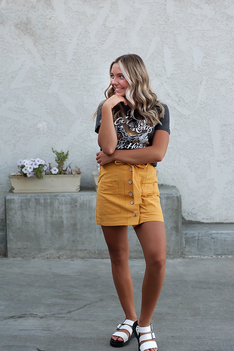 Coconut button Solid Woven Skirt With Belt in Mustard - My Store